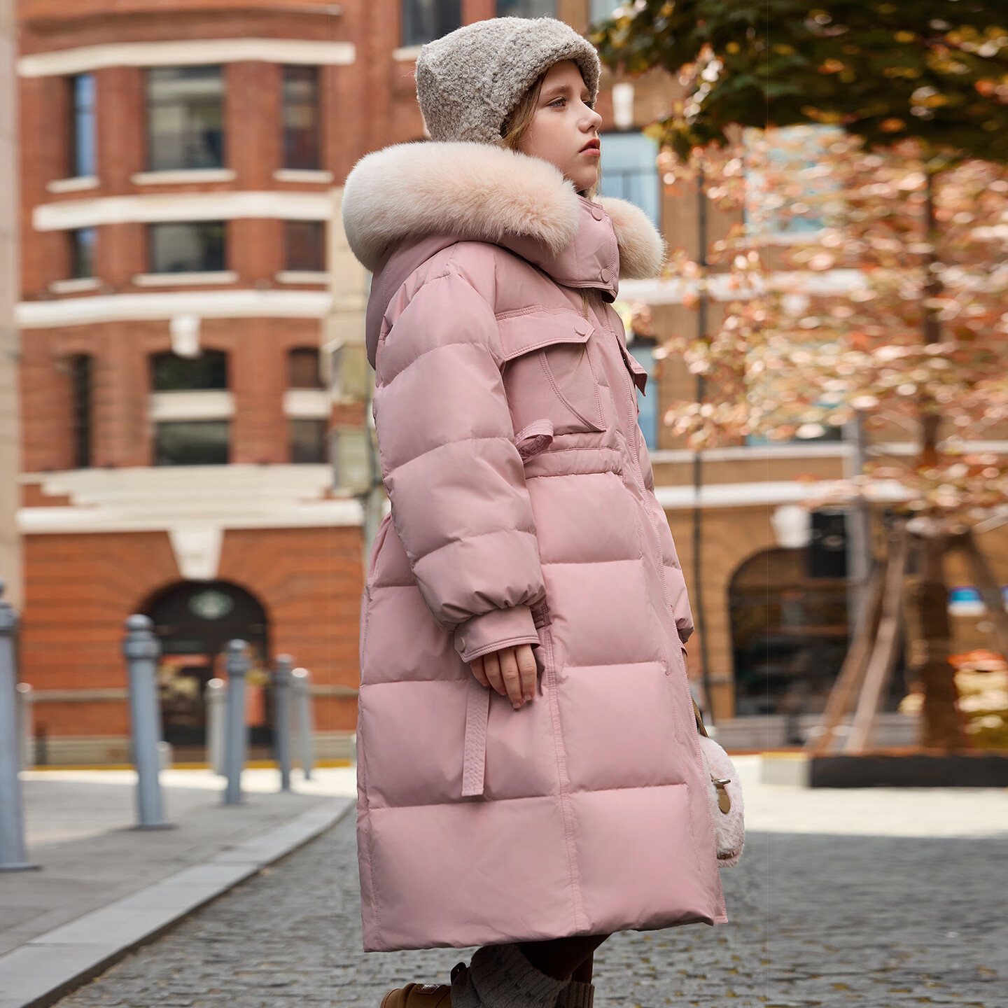 ABC KAIA女童羽绒服中长款2025新款洋气儿童正品品牌加厚外套女孩大童冬装 粉色（带毛领） 120