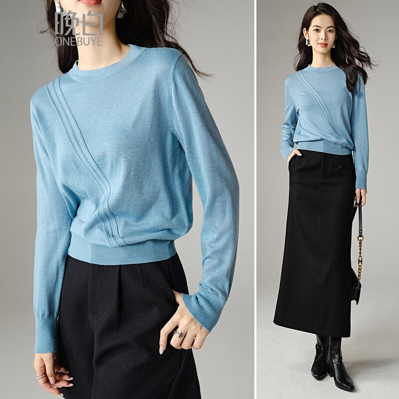 晚白【断码清仓】圆领纯色宽松上衣气质百搭时尚修身套头针织衫女 蓝色 M