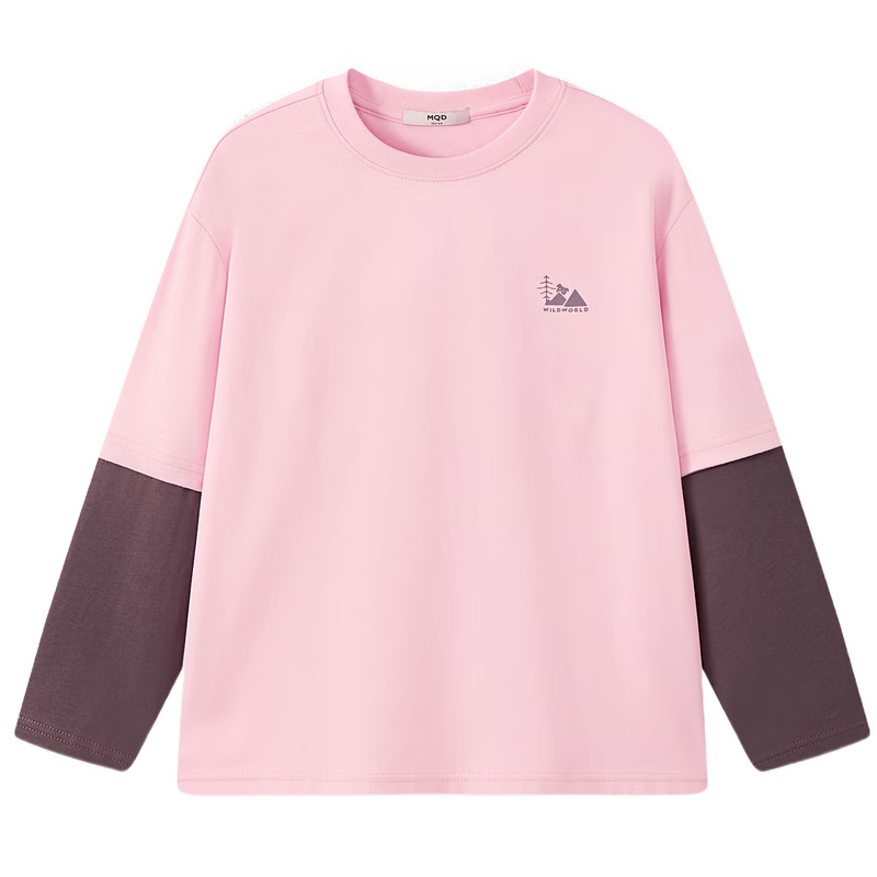 马骑顿MQD女童秋新款户外山系穿搭撞色假两件宽松亲肤长袖T恤 皮粉 130