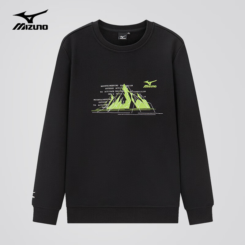 美津浓户外卫衣男春秋长袖T恤上衣圆领宽松男女同款加绒保暖套头衫 2626黑色 加绒款 M