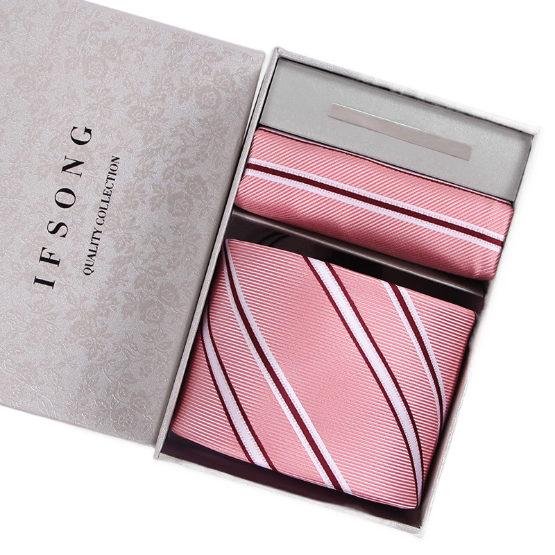IFSONG男士正式商務(wù)領(lǐng)帶口袋方領(lǐng)帶夾新郎婚禮黑色紅色禮盒 粉白寬條TZKDT553A