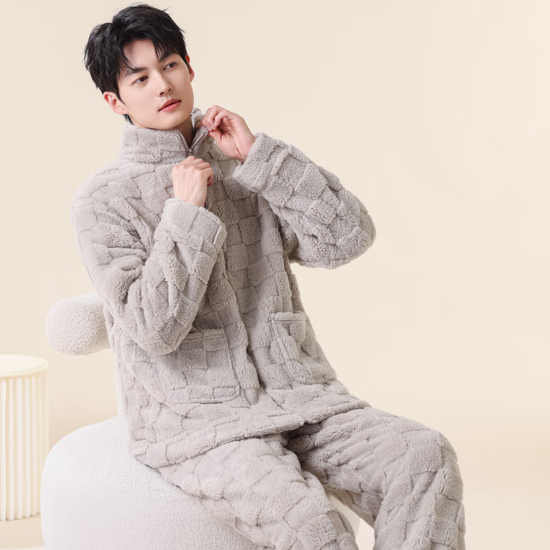 雪中飞睡衣冬季男2025年新款拉链加绒加厚珊瑚绒可外穿大码家居服套装 NSCJF-淡灰方格拉链 XL 【建议130-150斤】