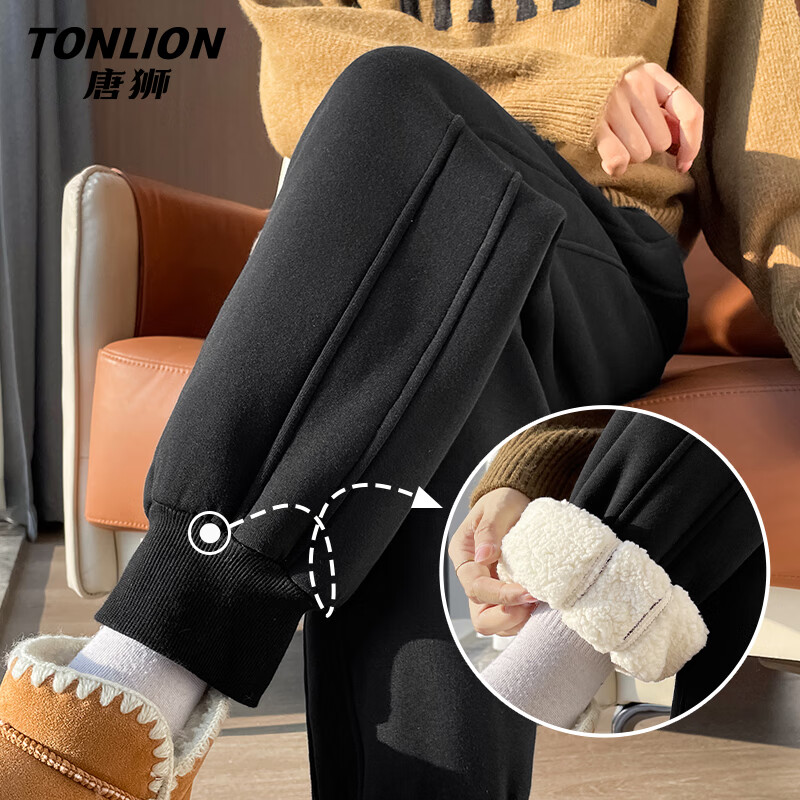 唐狮（TonLion）加绒裤子女装冬季新款加厚保暖休闲束脚裤装潮流运动羊羔绒小脚裤