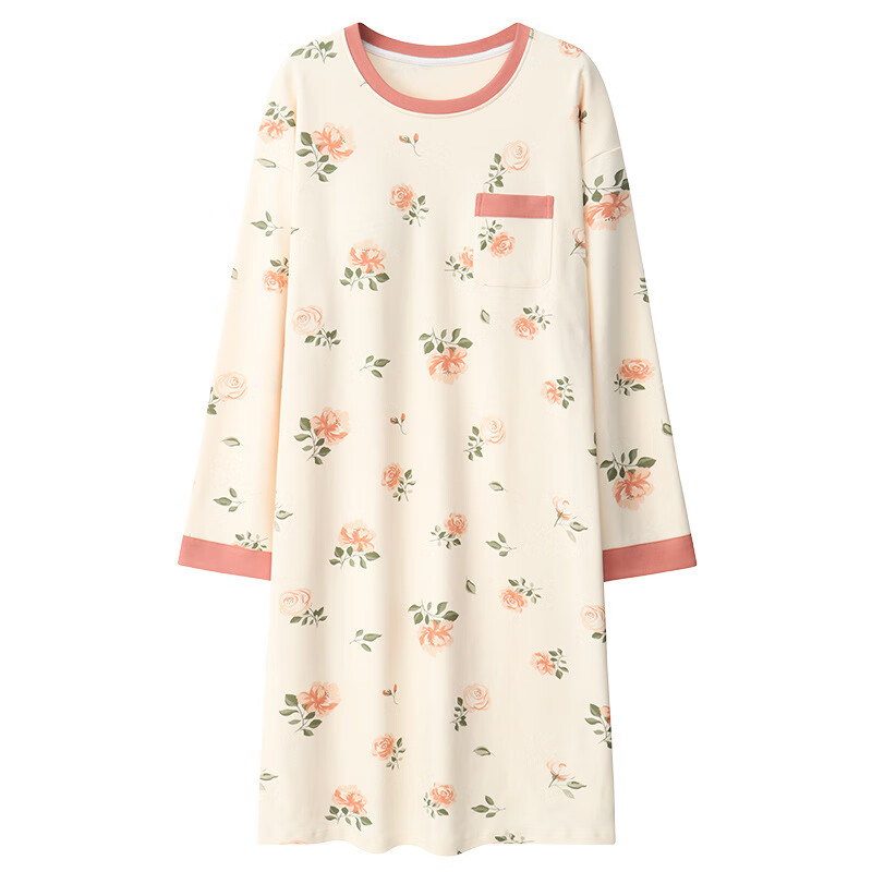 睡衣女春秋季纯棉大码带胸垫一体睡裙中长款可外穿冬夏天家居服 7002(带胸垫) M (80-100)