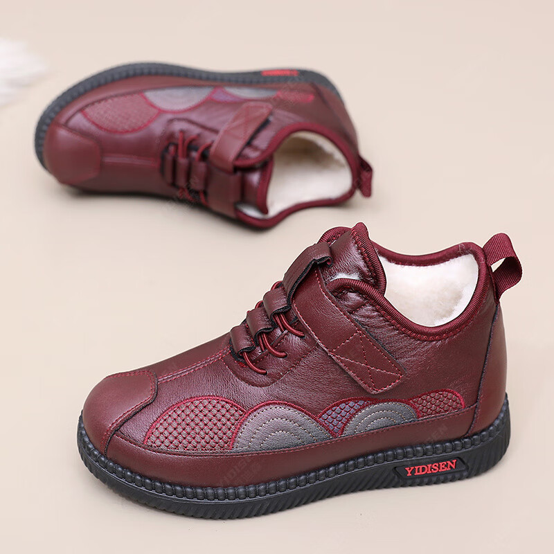 意迪森绵羊毛中老年加绒保暖妈妈款棉鞋冬季防水防滑软底一脚蹬雪地靴女 黑色 加绒 38 (240mm)