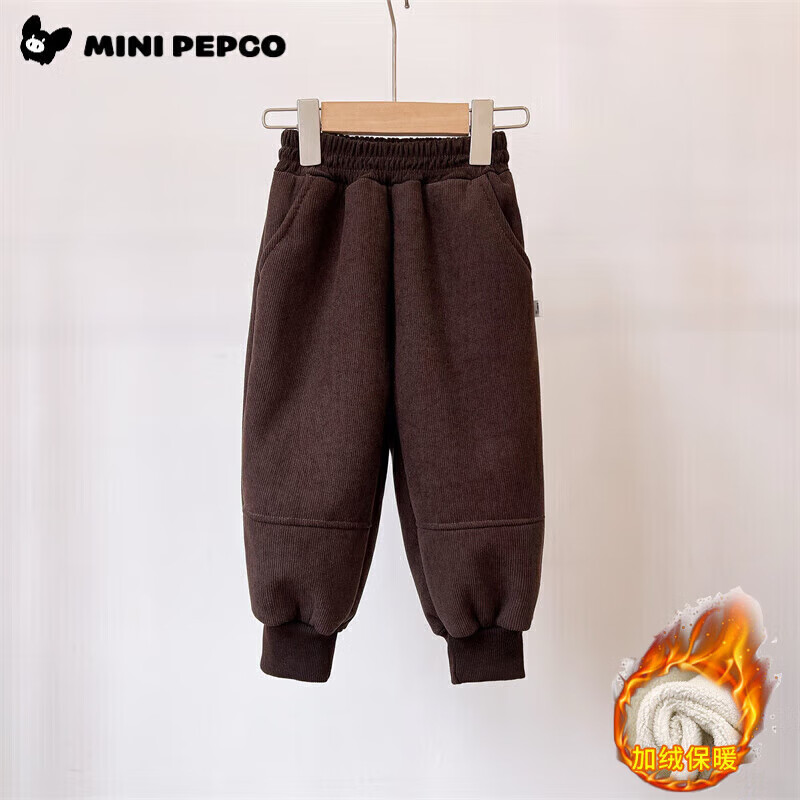 小猪班纳（PEPCO）儿童秋冬加绒裤子男女童保暖外穿裤2025新款男童宽松韩版休闲系带 灯芯绒裤子棕色 【内里加绒】 130 cm【建议身高115-125】