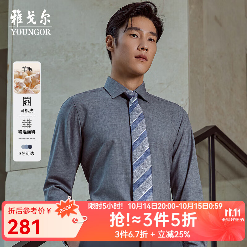 雅戈尔（YOUNGOR）长袖衬衫男素色羊毛羊毛混纺面料可机洗羊毛衬衫透气温暖有型 VLQW129758EBA浅灰 40