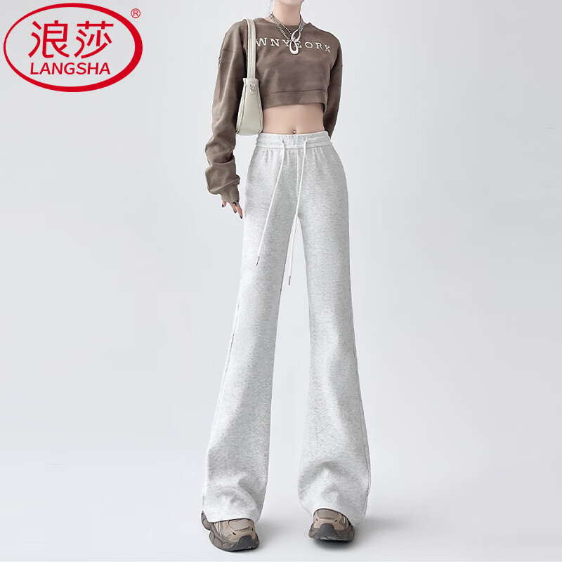 浪莎微喇叭运动裤女2025秋季新款休闲显瘦马蹄裤小个子潮流拖地卫裤 白灰色 【常规】秋冬加绒款 L 【推荐111-125斤】