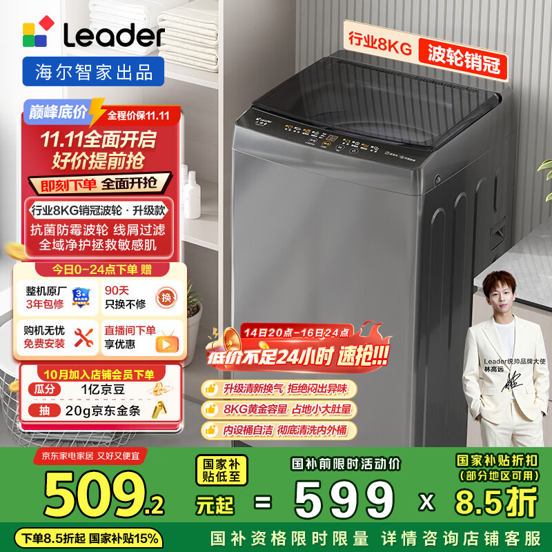 统帅（Leader）海尔智家出品 波轮洗衣机全自动小型 8公斤租房神器 抗菌波轮 以旧换新 家电国家补贴 XQB80-L539