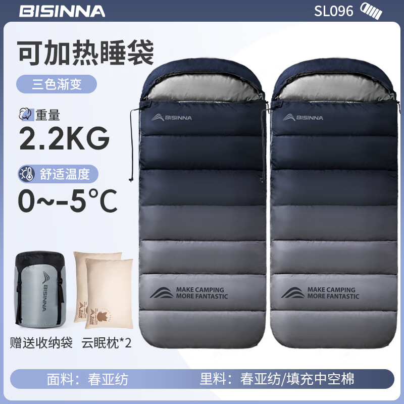 北山狼加熱睡袋成人戶外露營(yíng)秋冬信封式帶帽睡袋加厚保暖防踢午休被子 2.2kg漸變色*2+棉枕*2
