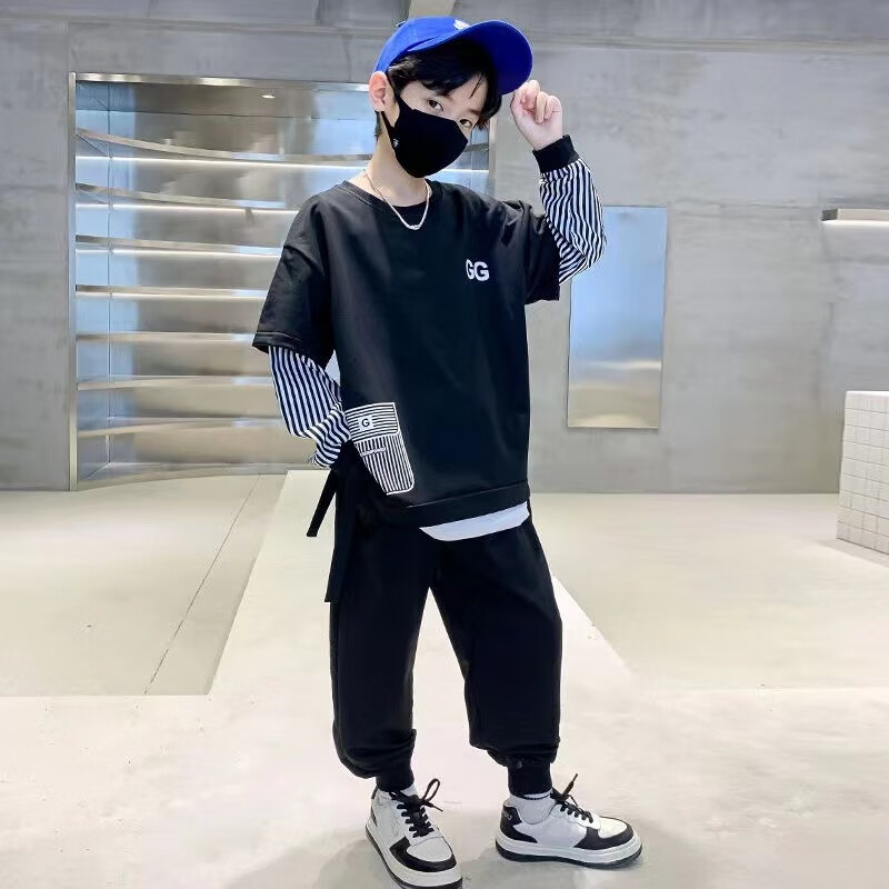 G.duck小黄鸭男童套装春秋装2025新款儿童帅气衣服宝宝秋季网红洋气卫衣 【超火超划算】黑套装 110 码建议身高100-110cm