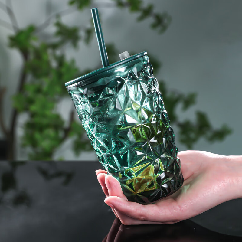 乐唯诗高颜值炫彩咖啡冰美式拿铁玻璃杯大容量带盖吸管杯子办公室水杯子 墨绿晶钻吸管杯【原色玻璃】440ml*1