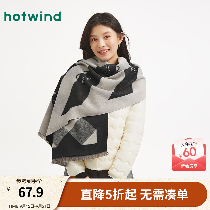 热风（Hotwind）2025年冬季新款女士格纹小猫梭织围巾 88米黑 67*180cm