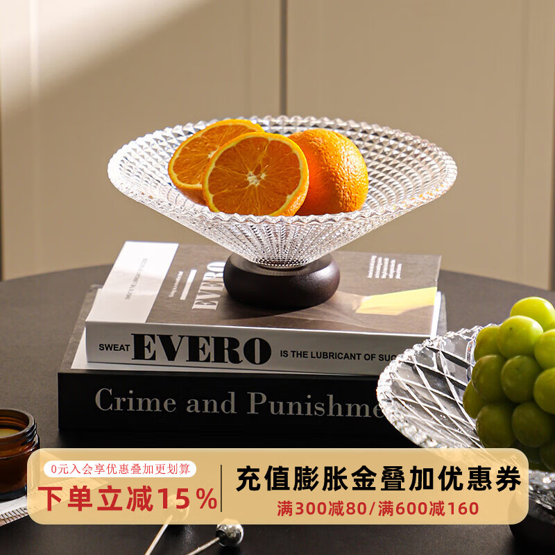 舍里高脚水果盘客厅家用法式玻璃果盘糖果盘子前台茶几零食托盘零食盘 点格纹透明色-直径25CM 1个 【橡木底座】