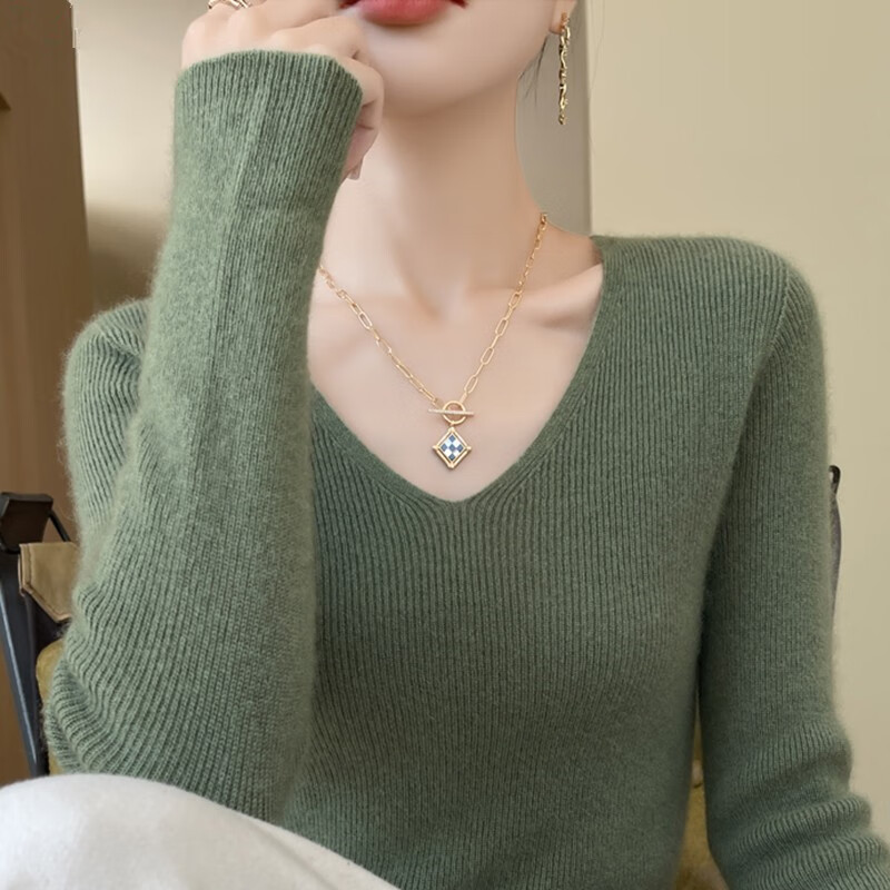 香影纯女装新款2025纯色V领针织衫女秋冬修身修身毛衣女百搭针织打底衫 米色 S (建议95斤以内)