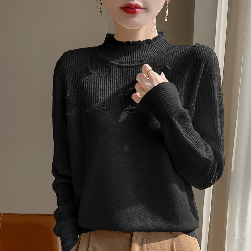 香影芬针织衫女秋冬蕾丝钉珠可外穿木耳边小香风内搭半高领毛衣打底衫女 米色 L (建议105-115斤)