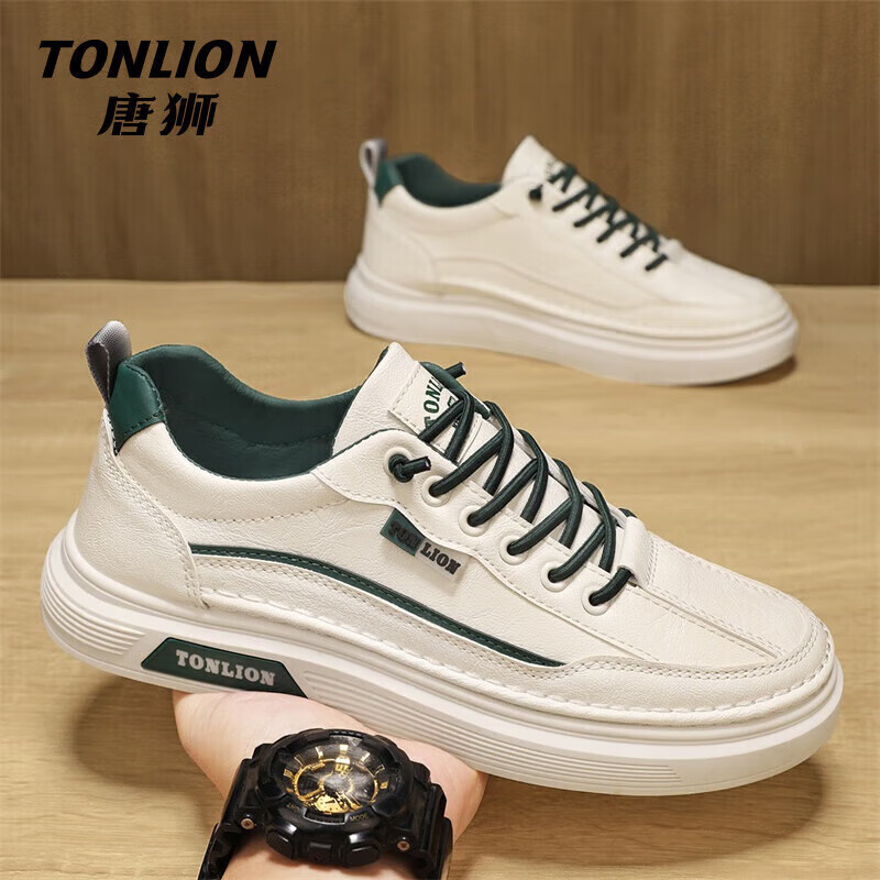 唐狮（TonLion）男鞋2025年新款透气网面休闲板鞋百搭运动鞋男秋季潮流舒适小白鞋 米绿皮面TSN20243008 42 京东折扣/优惠券