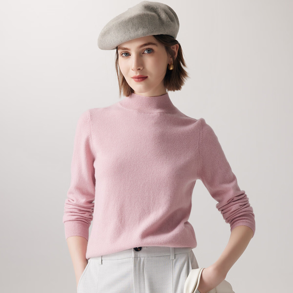 帕罗（PALUOPO）休闲百搭100%山羊绒衫女士秋冬基础多色半高领针织保暖毛衣 浅粉 半高领 M 160/100