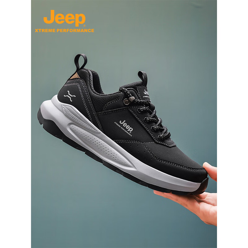 JEEP吉普男鞋子男款秋季新款软底防泼水休闲老爹鞋户外防滑徒步登山鞋 黑色 45 (275mm) 运动鞋码