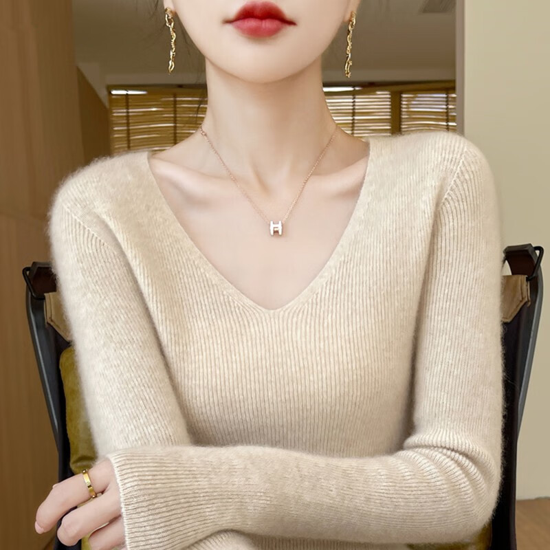 香影纯女装新款2025纯色V领针织衫女秋冬修身修身毛衣女百搭针织打底衫 米色 S (建议95斤以内) 京东折扣/优惠券
