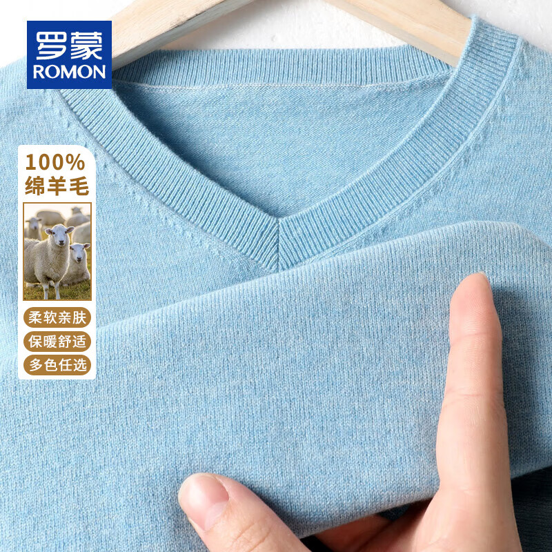 罗蒙（ROMON）100%纯羊毛衫男秋冬季经典基础薄款V领毛衣男休闲针织衫打底衫男