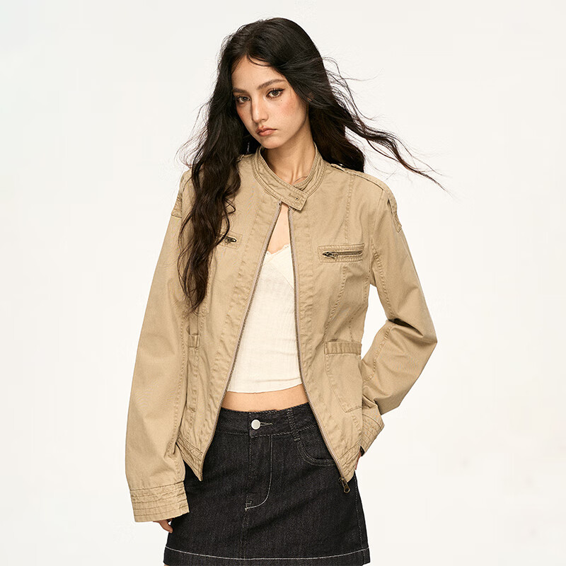 AAISUP美式立领做旧正肩外套女2026年新款春秋设计感休闲百搭夹克上衣潮 卡其色 L