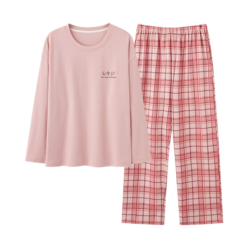 芬腾睡衣女【100%纯棉】秋冬新款格纹可外穿长袖家居服套装女睡衣 粉色 XL