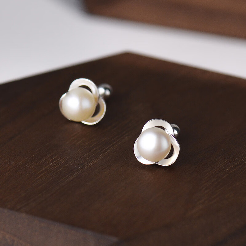 S999珍珠耳钉女简约时尚百搭耳骨钉淡水拧螺丝2023年新款妈妈礼物 银色 足银
