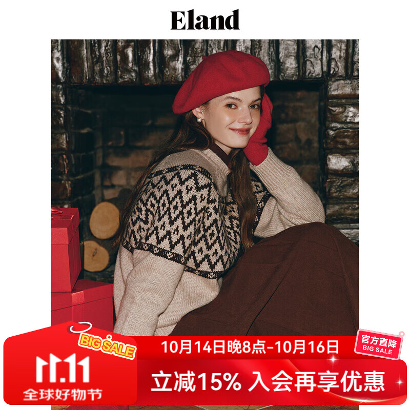ELAND【新战袍】衣恋红色毛衣女北欧风羊毛混纺舒适撞色休闲上衣 卡其色(35)Beige S 160
