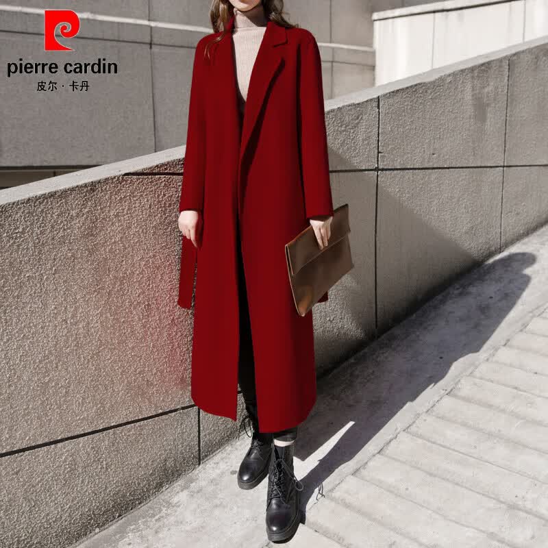 皮尔卡丹2026米白色双面羊绒呢大衣女超长款过膝气质宽松显瘦羊毛呢外套冬 红色 S