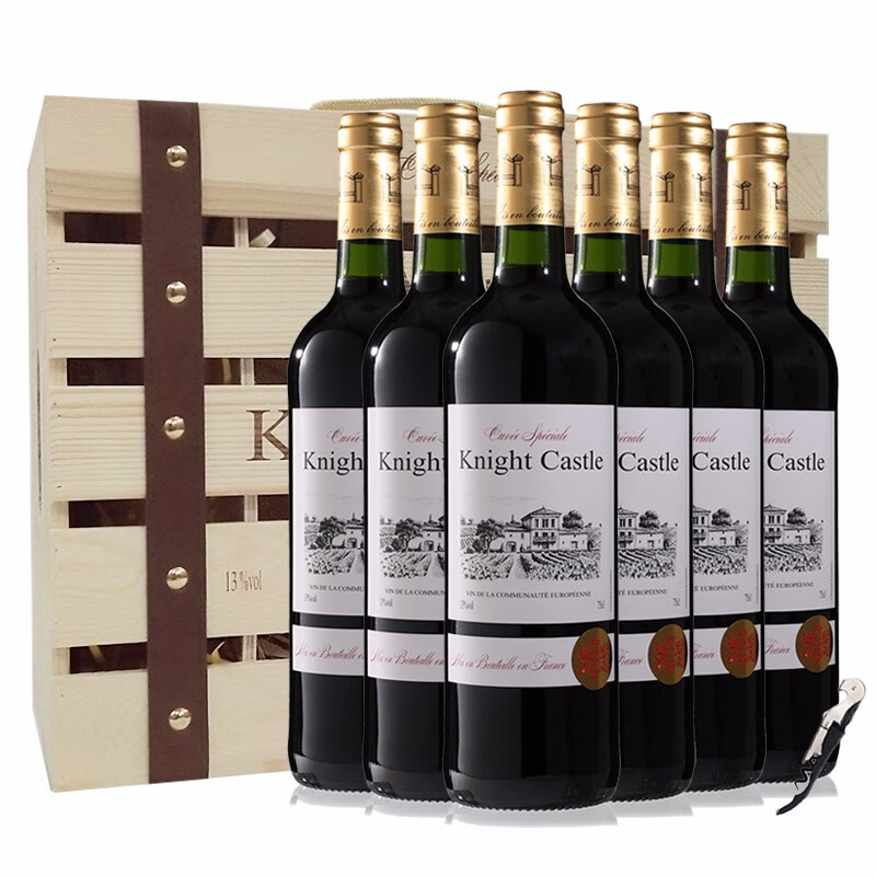 【贵族葡萄酿制】法国原装进口骑士庄园干红葡萄酒 红酒整箱礼盒 6支整箱750ml*6（带木箱）