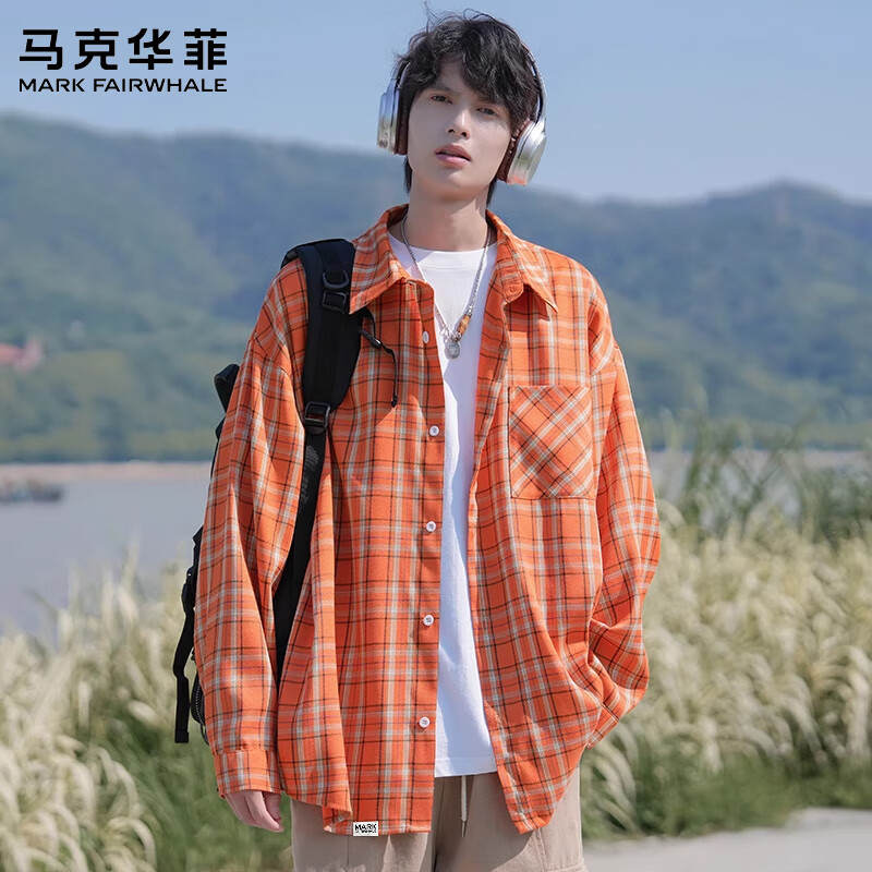 马克华菲(MARK FAIRWHALE)美式复古休闲长袖衬衫男士2026秋季新款宽松百搭潮牌运动高端上衣 橘色 【秋季新品】 L 【建议110-130斤】