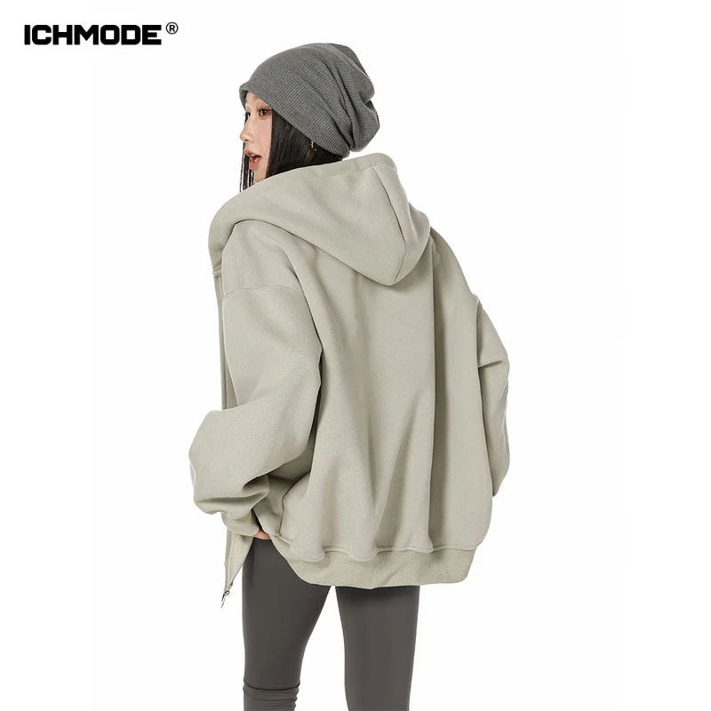 ICH MODE美式卫衣外套女2026春秋最新款宽松连帽开衫慵懒长袖上衣灰绿色 M