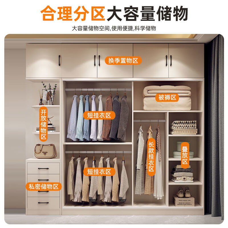 百裕达全实木衣柜家用卧室简约轻奢小户型出租房移门组合多层大衣橱 2米主柜+侧柜+顶柜 上楼包安装【实木】加厚16MM背板