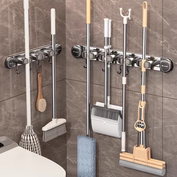 艾仕可(ASCOR)吸盘拖把壁挂夹卫生间置物架洗手间厕所浴室免打孔墙上收纳架神器 2夹3钩【枪灰色】