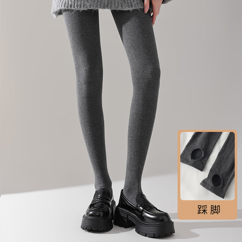 宝娜斯大码竖条纹棉质打底裤女外穿春秋冬加肥加大胖mm格雷系螺纹连裤袜 中灰色（加绒加厚款）【踩脚款】 1条 L （适合80-140斤）