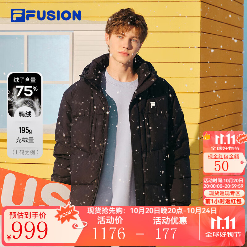 FILA FUSION斐乐潮牌情侣款羽绒服2025冬季新款宽松保暖连帽外套 正黑色-BK M 170/92A/M