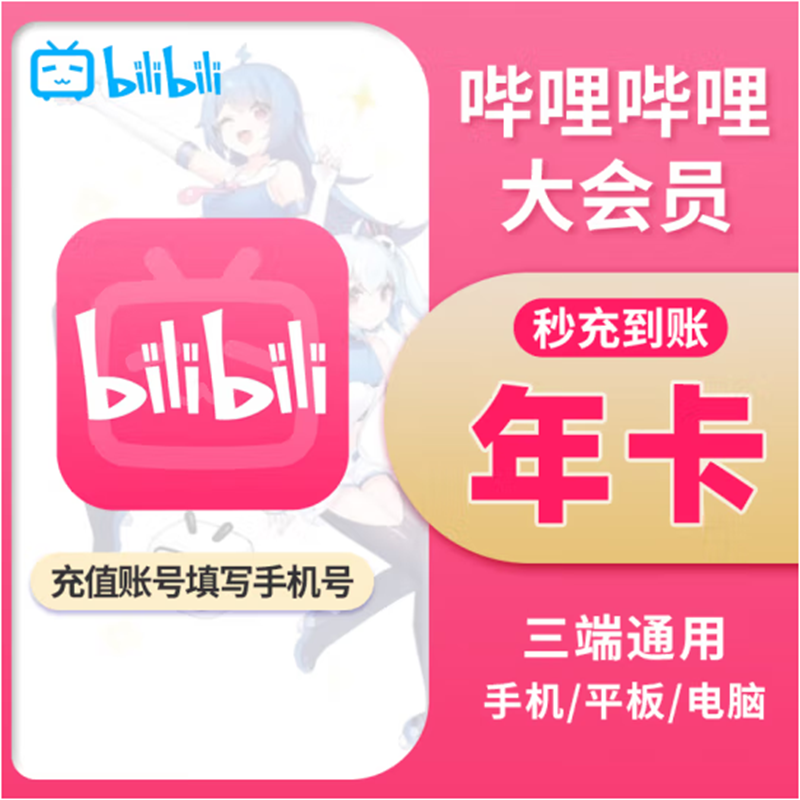 哔哩哔哩会员12个月 bilibili会员B站大VIP会员1年卡 【填写手机号】 bilibili