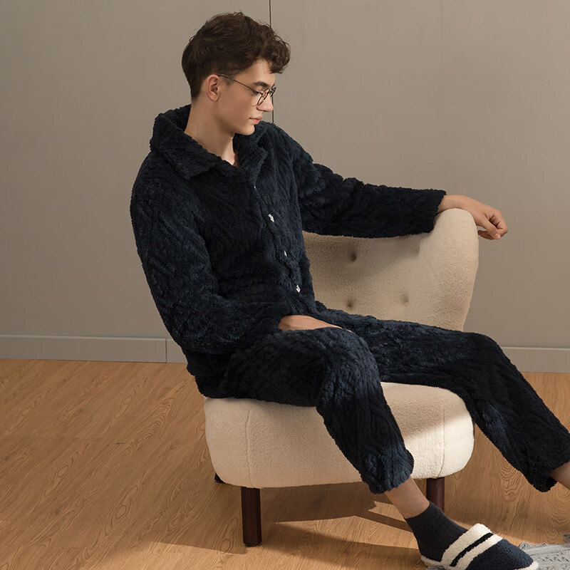 芬腾男士睡衣珊瑚绒家居服套装秋冬保暖 M98241403-宝兰 XL