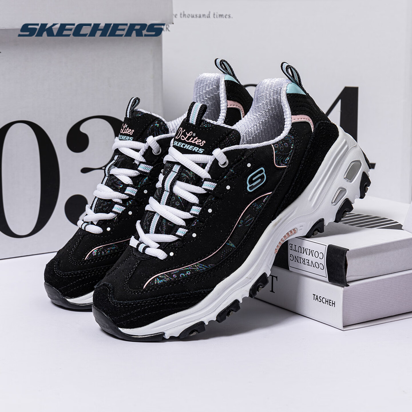 斯凯奇女鞋春秋2025新款厚底增高老爹鞋暗纹熊猫鞋轻便休闲鞋运动鞋女 149060-BKLB 35