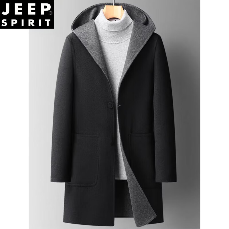 JEEP SPIRIT2025秋冬新款休闲连帽毛呢两面穿羊毛风衣中长款双面大衣男士外套 黑色 M 170【95-115斤】