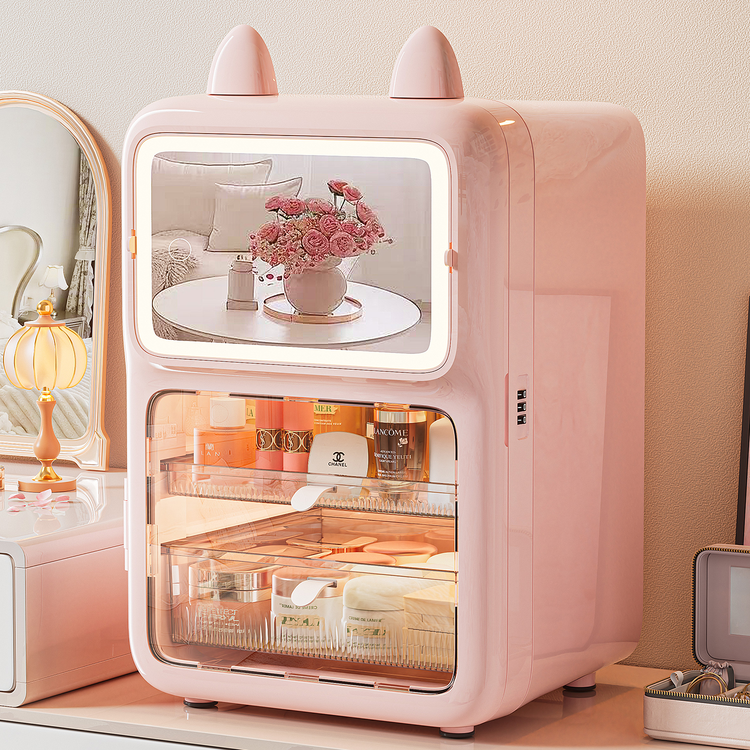 纳份爱化妆品收纳盒桌面高级感护肤品置物架防尘大容量梳妆台镜子收纳柜 樱花粉-带锁小冰箱化妆柜【3色LED镜】