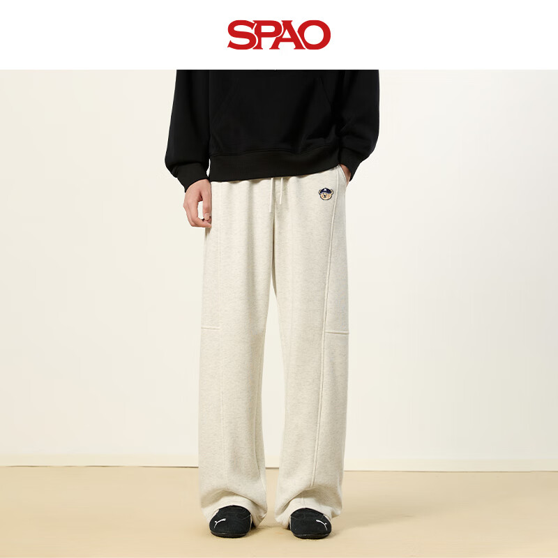 SPAO休闲分割弯刀裤男2025冬季加绒保暖防寒百搭运动裤子SPWK25SK18XY 米灰#SP红帽子熊-贴布绣 L