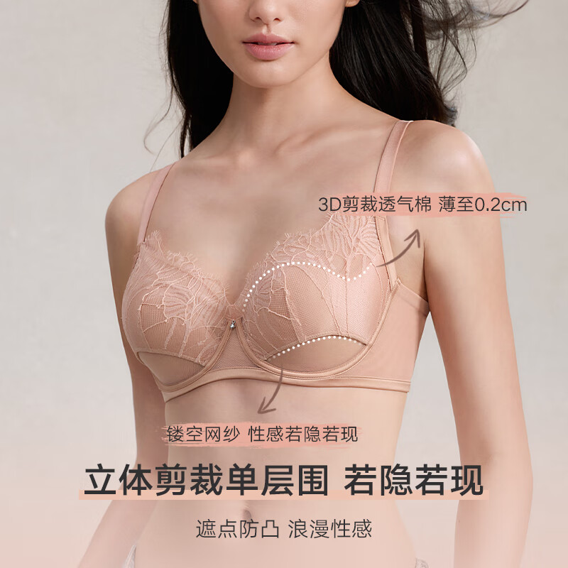 曼妮芬[吉赛尔·奢华睫毛蕾丝]性感单层围内衣女软钢圈防下垂显瘦文胸罩 午夜爵士 75B