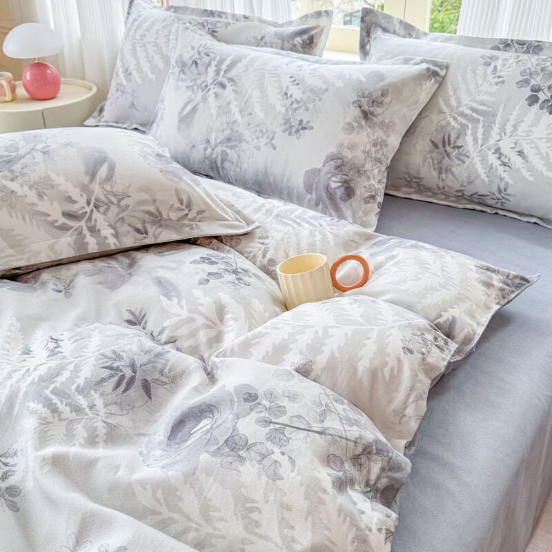 多兰诗（Duolanshi）磨毛四件套 春秋加厚保暖小清新宿舍卡通家用斜纹四件套 晚棠 1.8米 床笠款 被套180*220 四件套