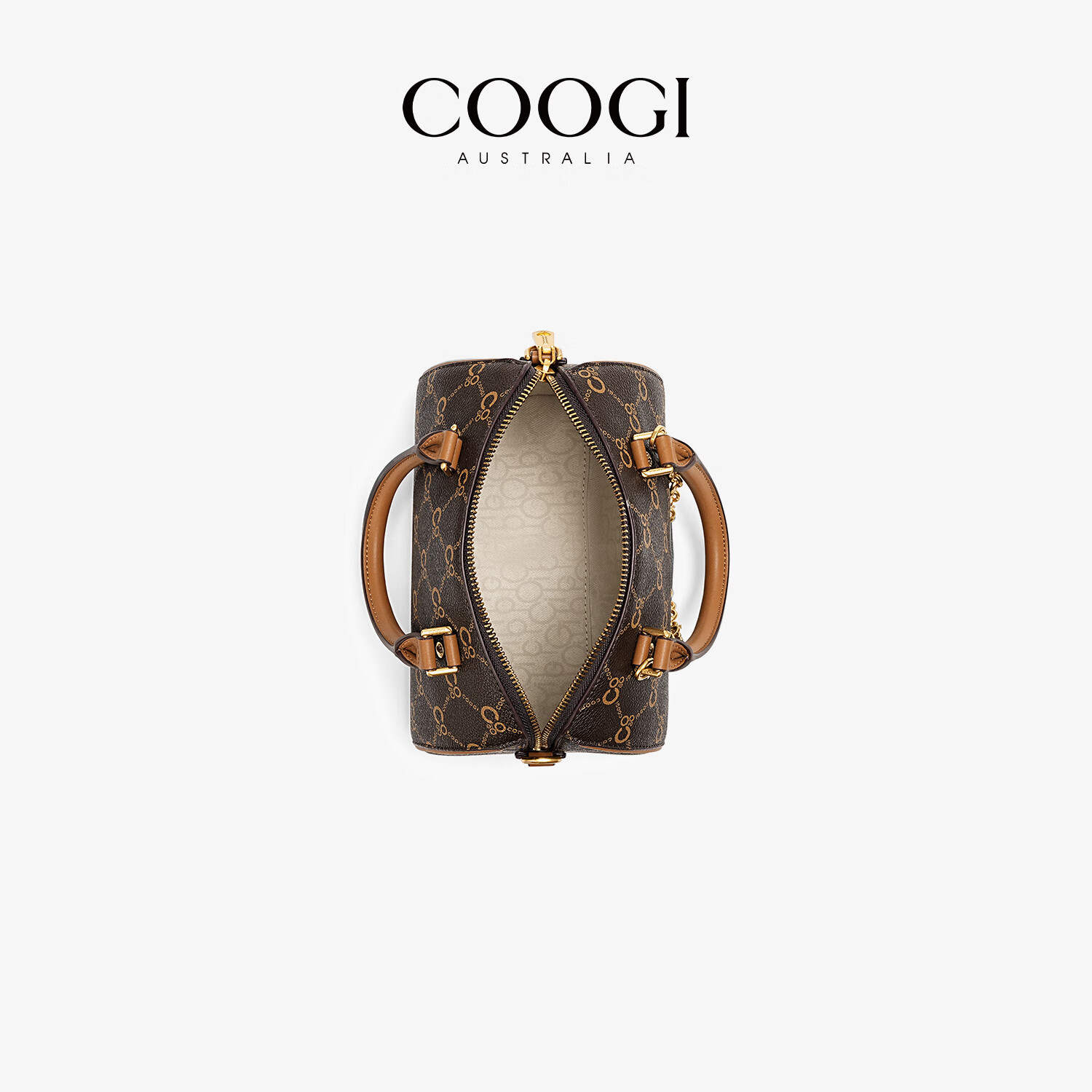 COOGI包包女包轻奢品牌2025波士顿斜挎包手提托特包圣诞礼物送老婆女友 咖啡色 21*13.5*13cm