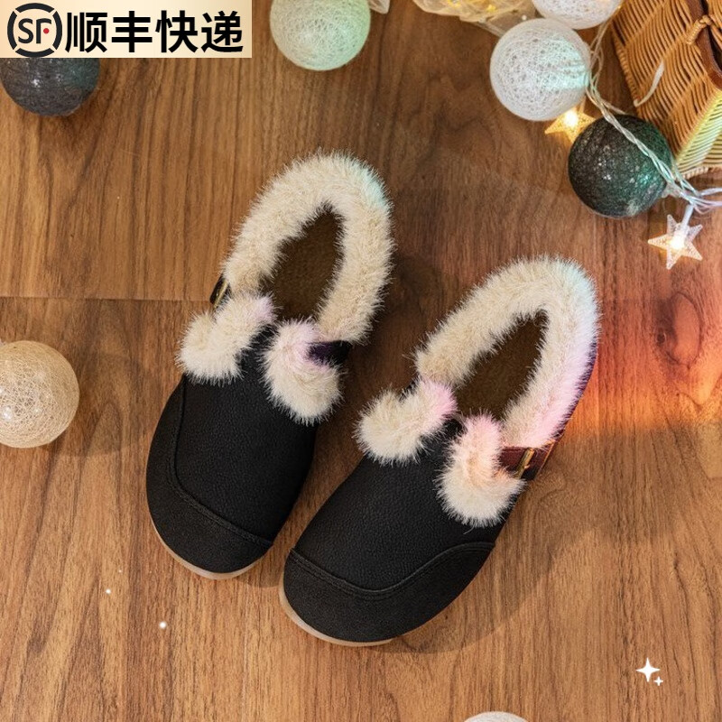 大东薇DADONGWEI2025冬季新款复古加绒圆头平底一脚蹬保暖豆豆鞋女磨砂毛毛鞋棉鞋 深棕色 40