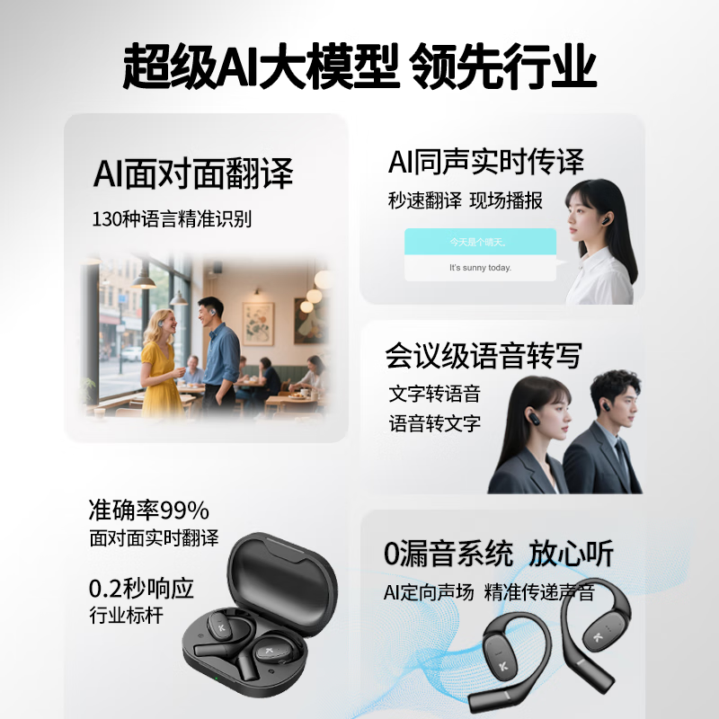 科小界【翻译耳机】蓝牙翻译耳机 挂耳式同声翻译传译耳机145种语言口音翻译AI智能通话降噪无线耳机 黑色
