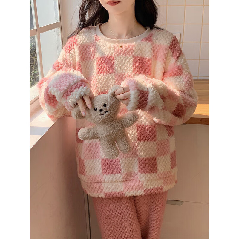 宝娜斯(BONAS)玫瑰绒睡衣女秋冬季加绒加厚格子睡衣园领可外穿法兰绒居家 粉格子 套装 均码 80-150