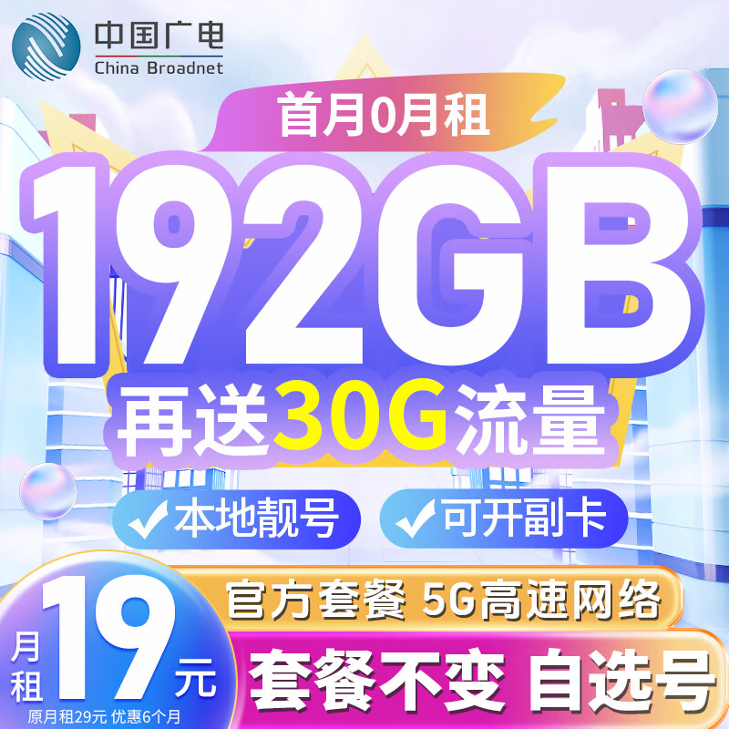 中国广电流量卡【在线选靓号】19元全国通用低月租5g电话卡手机号码非无限纯上网 【自选本地靓号】19元192G长套餐+自动转结